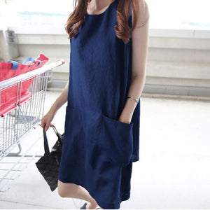 Fashion Spring Summer Women O-neck Sleeveless Solid Loose Pockets Cotton Linen Casual Knee Length Daily Dress женское платье