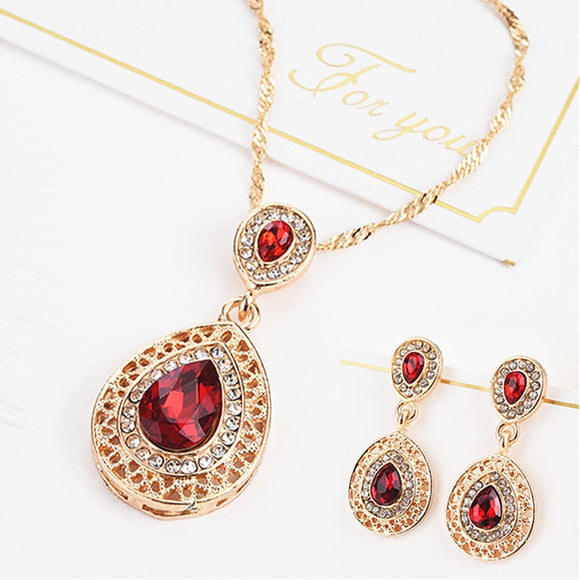 Luxury Red Crystal Jewelry Sets Water Drop Cubic Zirconia CZ Stone Necklace Earring Set Woman Wedding Accessory Valentine Gifts