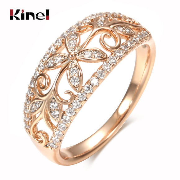 Kinel Natural Zircon Crystal Flower Rings for Women 585 Rose Gold Fine Hollow Ethnic Wedding Ring Vintage Jewelry