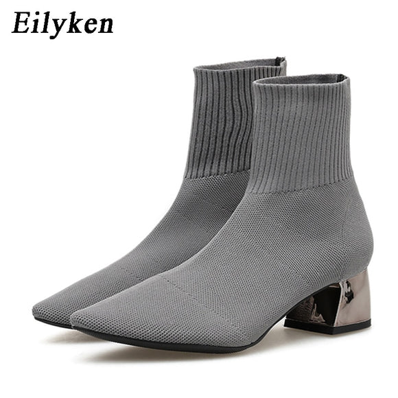 EilyKen 2021 Autumn Winter Knitted Stretch Fabric Socks Women Boots Low heel Short Boots Gray PointedToe Women Ankle Boots