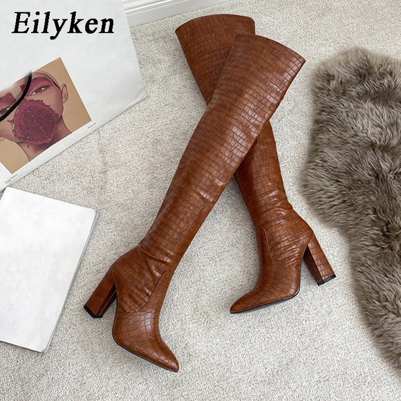 Eilyken Embossed Women High Heel Boots Designer Chunky Heel Shoes Microfiber Leather Long Boots Over-the-Knee Botas Mujer 2021