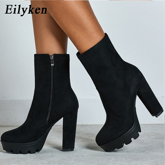 Eilyken 2021 New Fashion Autumn Winter High heels Ankle Boots Women Thick Heel Platform Boots Ladies Worker Boots size 41 42