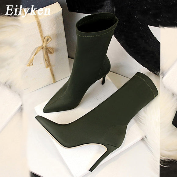 Eilyken 2021 Winter Fashion Women Boots Beige Pointed Toe Elastic Ankle Boots Heels Shoes Autumn Winter Female Socks Boots