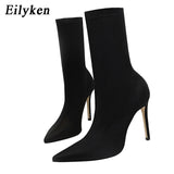 Eilyken 2021 Winter Fashion Women Boots Beige Pointed Toe Elastic Ankle Boots Heels Shoes Autumn Winter Female Socks Boots