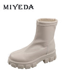 MIYEDA Platform Women Boots Chunky Thick Sole Round Toe Pure Color Shallow Mouth Slip on Fashionable Versatile Cool Ladies Boots