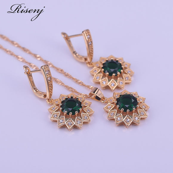 Risenj gold Bridal crystal Jewelry Sets Heart Green Cubic Zircon Earring Necklace chain Jewelry Sets for Women girls gift