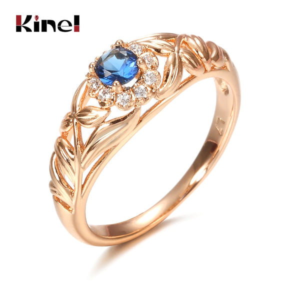 Kinel Blue Natural Zircon 585 Rose Gold Ring Hollow Crystal Flower Ethnic Bride Wedding Rings for Women Vintage Fine Jewelry