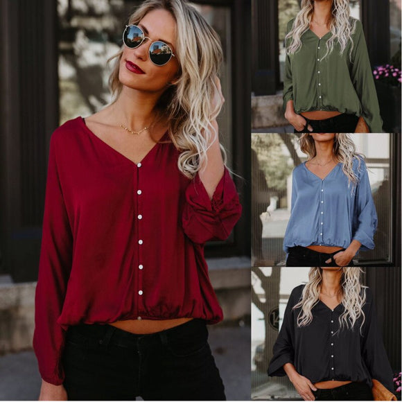 Casual Long Sleeve Blouse Women V Neck Button Loose Comfort Ladies Office Shirts Moda Feminina Cheap Clothes China Ey*
