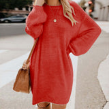 Fashion Autumn Winter Women Plush Fleece Warm Midi Dress Sweater Long Sleeve O Neck Casual Loose Solid Color Sexy Party Dresses