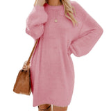 Fashion Autumn Winter Women Plush Fleece Warm Midi Dress Sweater Long Sleeve O Neck Casual Loose Solid Color Sexy Party Dresses