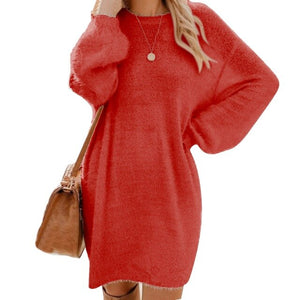 Fashion Autumn Winter Women Plush Fleece Warm Midi Dress Sweater Long Sleeve O Neck Casual Loose Solid Color Sexy Party Dresses