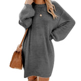 Fashion Autumn Winter Women Plush Fleece Warm Midi Dress Sweater Long Sleeve O Neck Casual Loose Solid Color Sexy Party Dresses