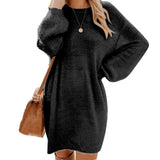 Fashion Autumn Winter Women Plush Fleece Warm Midi Dress Sweater Long Sleeve O Neck Casual Loose Solid Color Sexy Party Dresses