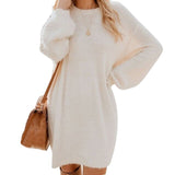 Fashion Autumn Winter Women Plush Fleece Warm Midi Dress Sweater Long Sleeve O Neck Casual Loose Solid Color Sexy Party Dresses