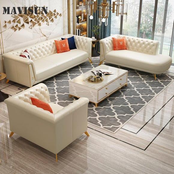Luxury Modern Leather Sofa Chaise Sets Golden Metal For Living Room Chair Home Furniture