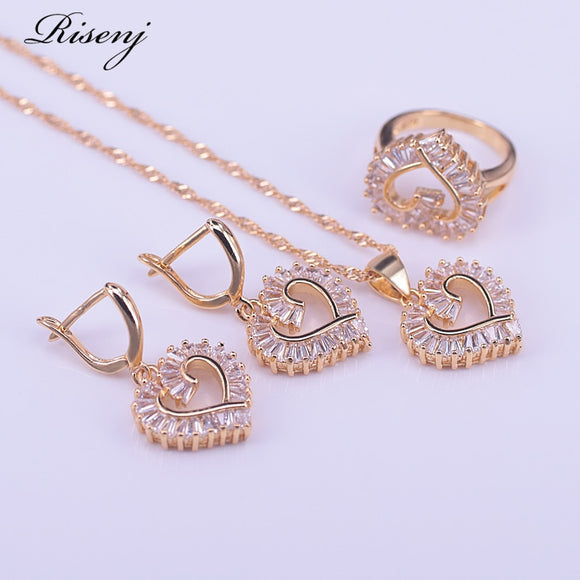 Risenj Heart Square Top Zircon 18k Gold Costume Jewelry Set For Women Earrings Necklace Ring Set Bridal Jewelry