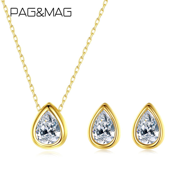 PAG&MAG Water Drop Cubic Zirconia Earrings Necklace Set Real 925 Sterling Silver Jewelry Set For Women 18K Gold Wedding Jewelry