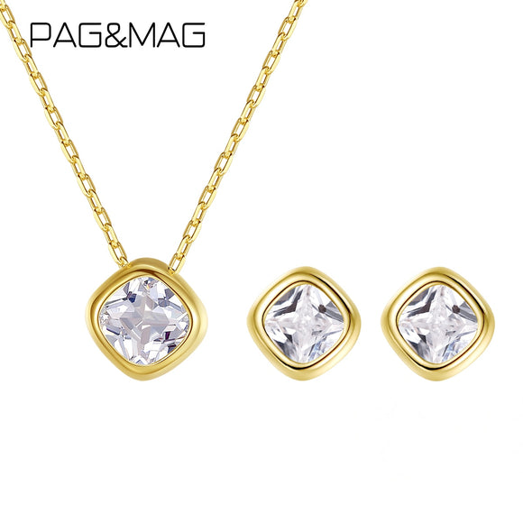 PAG&MAG Minimalism Suqare CZ Earrings Necklace Set 925 Sterling Silver Jewelry Set For Women Korean Crystal  Necklace Jewelry
