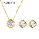 PAG&MAG Minimalism Suqare CZ Earrings Necklace Set 925 Sterling Silver Jewelry Set For Women Korean Crystal  Necklace Jewelry