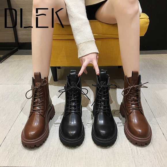 Women Short Boots Boots Ankle Lace-Up Square Heel Winter Warm Black Brown Thick Sole Platform Chunky Female Boots