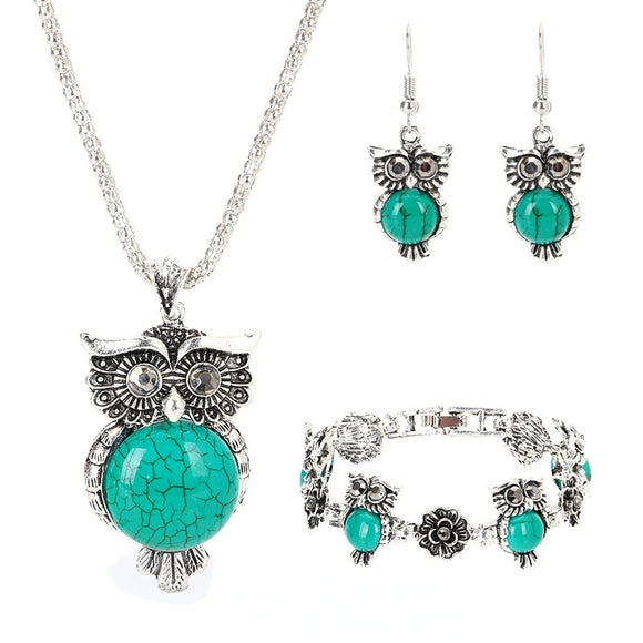 Retro Turquoise Owl Jewelry Sets  Pendant Earring Bracelet Necklace Fashion Chain Handmade Amulet Gifts for Her Woman