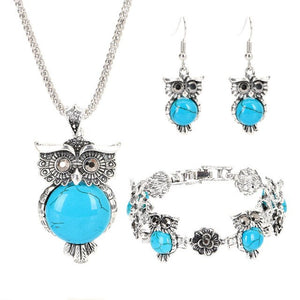 Retro Turquoise Owl Jewelry Sets  Pendant Earring Bracelet Necklace Fashion Chain Handmade Amulet Gifts for Her Woman