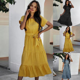 2021 New Arrival Womens Sunmmer Fashion Short-sleeved Loose-waisted Long Skirt Soild Color Dress With Belt