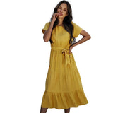 2021 New Arrival Womens Sunmmer Fashion Short-sleeved Loose-waisted Long Skirt Soild Color Dress With Belt