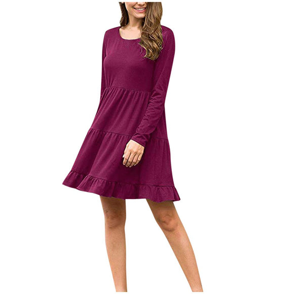 SAGACE Women's winter long-sleeved round neck solid color petal side dress loose knee-length dress  high quality 2020