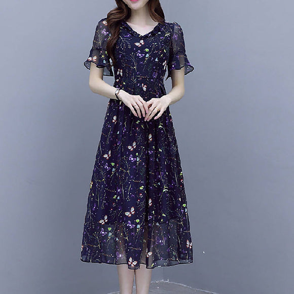 Sagace Fashion Long Sleeve Square Neck Wave Point Printing Long Sleeve Dress Short Sleeve V-neck Print Dress Women