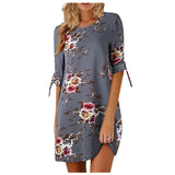 SAGACE Women's Dress Summer casual chiffon print round neck tie three-quarter sleeve dress Elegant Loose Mini Dresses платье