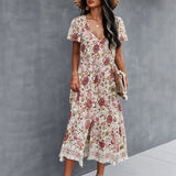 SAGACE Fashion Elegant Female Dress Summer Party Birthday Floral Printed Mini Dress V-Neck Loose Casual Short Sleeve Sundress