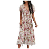 SAGACE Fashion Elegant Female Dress Summer Party Birthday Floral Printed Mini Dress V-Neck Loose Casual Short Sleeve Sundress