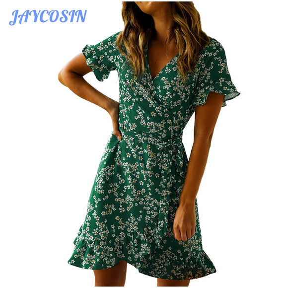 JAYCOSIN Fashion Sexy V-Neck Dresses Woman Party Night Vintage Floral Print Short Sleeve Mini Dress Summer Clothes Women F17