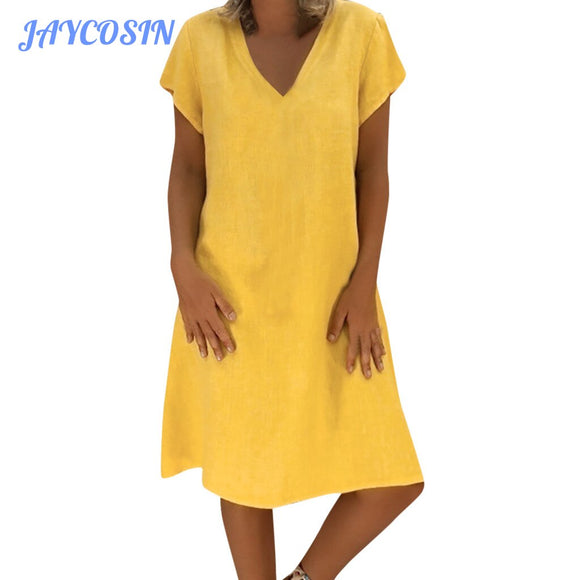 JAYCOSIN Clothes Women Sexy V-Neck Short Sleeve Mini Dress Fashion Solid Color Loose Cotton Linen Party Dress Summer Plus Size