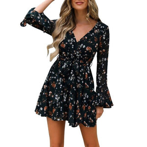 Sagace Dress Fashion Women Long Sleeve Floral Dot V-neck Party Evening Cocktail Mini Dress Платье На Выпускной