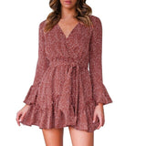 Sagace Dress Fashion Women Long Sleeve Floral Dot V-neck Party Evening Cocktail Mini Dress Платье На Выпускной