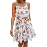 40# Bohemian Dresses Fashion Women's Summer Flower Print Sleeveless Mini Dress A-Line Sashes High Waist Camisole Dress vestidos