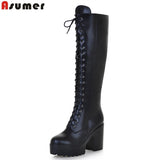 ASUMER 2021 New big size knee high boots women square high heels platform ladies boots lace up autumn winter boots female