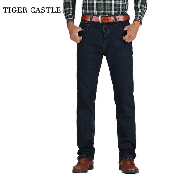 TIGER CASTLE Mens High Waist Jeans Cotton Thick Classic Stretch Jeans Black Blue Male Denim Pants Spring Autumn Men Trousers