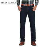 TIGER CASTLE Mens High Waist Jeans Cotton Thick Classic Stretch Jeans Black Blue Male Denim Pants Spring Autumn Men Trousers