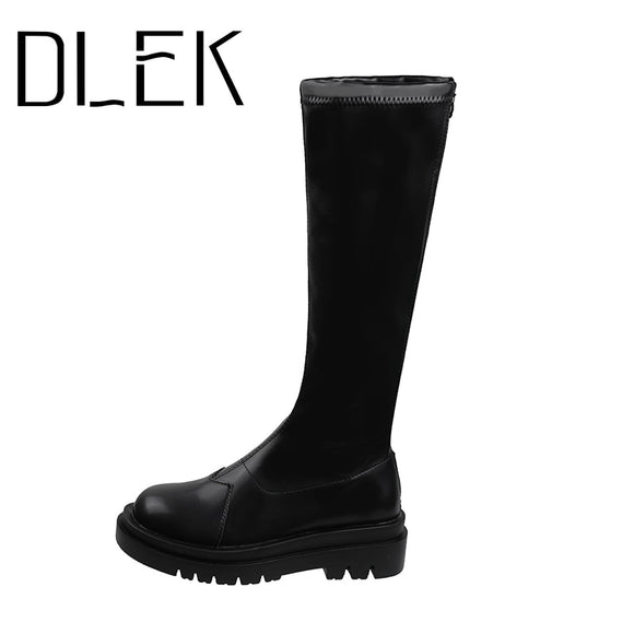 DLEK Women Thigh High Boots Knee-High Round Toe Leather Waterproof Boots Zipper Plush Lining Non-slip Female Winter  Boots