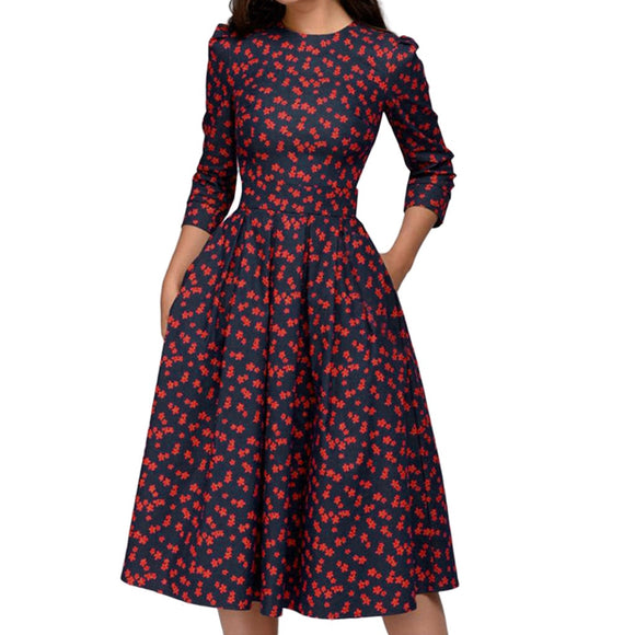 2021 New Arrival Dress For Women's Floral Vintage Dress Elegant Midi Evening Party Dresses 3/4 Sleeves High Quality Женское