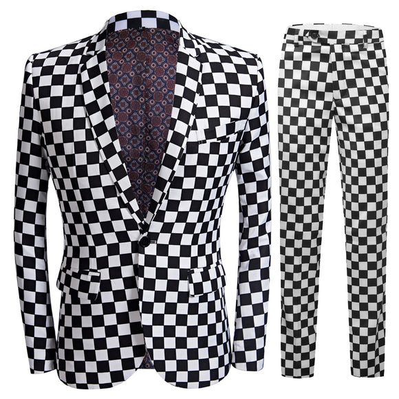 Luxury Fashion Men's Black and white Check Suit Club Prom Formal Clothing Slim Men's Wedding Suit Groom Tuxedo 2-Piece Set