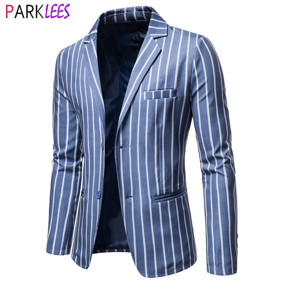 Blue Vertical Striped Blazer Jacket Men 2020 Brand New Notched Lapel Single Breasted Blazers Mens Formal Casual Blazer Masculino