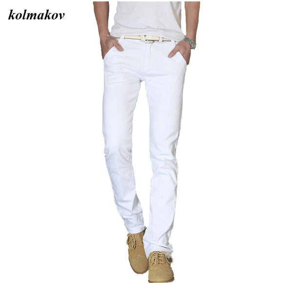 New style men leisure long denim jeans fashion casual solid solid zippers trousers men's slim straight white pants size 28-36