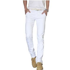 New style men leisure long denim jeans fashion casual solid solid zippers trousers men's slim straight white pants size 28-36