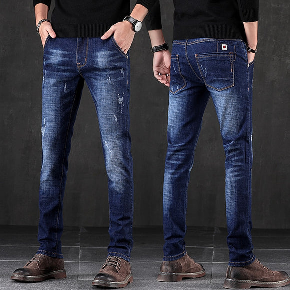 Regular Blue Stretch Denim Business Trousers Classic Style Winter Jeans Denim Pants