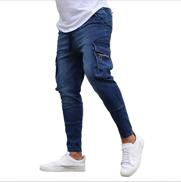 Black Jeans Men Slim Fit Multi-Pockets Zipper Cowboy Cargo Pants Male Casual Stretch Skinny Blue Jeans Pantalones Cargo Hombre