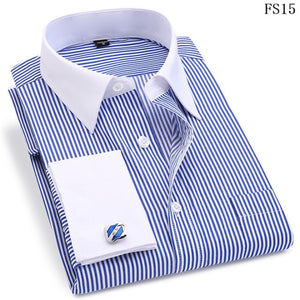 High Quality Striped For Men French Cufflinks Casual Dress Shirts Long Sleeved White Collar Design Wedding Tuxedo Shirt 6XL